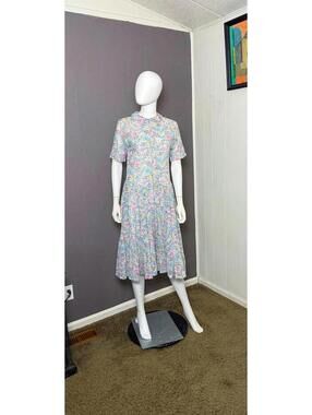 1970's Floral Tea Dress Tissue Thin Cotton Semi-Sheer S-M